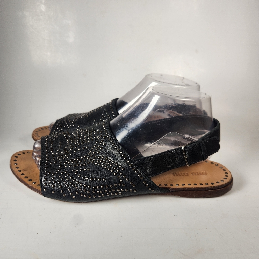 MIU MIU Women's Carousel Sandal Size 38.5 / 8 Black Studded Leather Luxury Shoe - Picture 10 of 10
